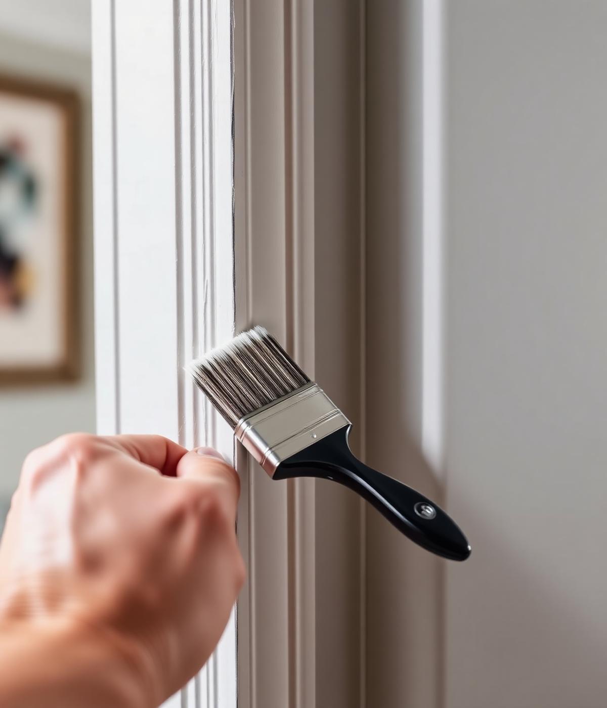 Painter cutting in a crisp line along interior door trim with a brush